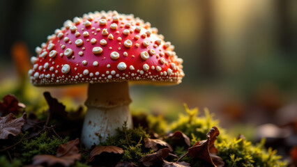 A close-up photograph of a vibrant red muscimol mushroom with yellowish caps growing on mossy ground covered with fallen leaves.