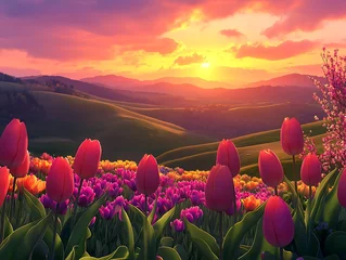 A picturesque countryside landscape with a colorful Easter sunrise illuminating rolling hills and a field of blooming tulips © Abdul