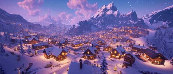 Enchanting Snow-Covered Village at Dusk with Illuminated Homes Nestled in Majestic Mountain Landscape and Soft Clouds Under Starry Sky