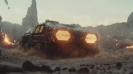 Futuristic armored tank moving through desolate ruins,