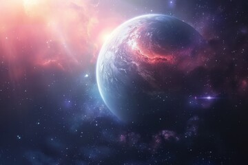 Obraz premium Breathtaking view of a distant planet with vibrant cosmic clouds and a shining star.