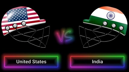 United States vs India match animation with flags on helmets and colorful border over text all on black background