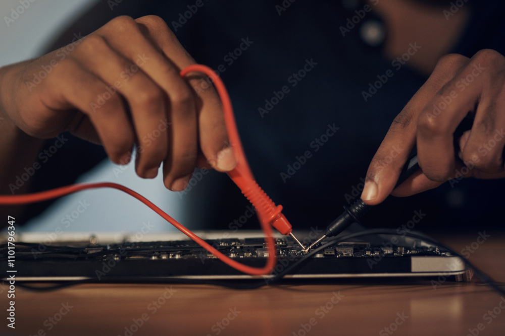 Aufkleber circuit board, hands and soldering iron with computer technician in office for maintenance or repair