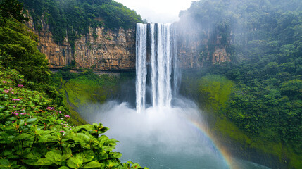 Fototapeta premium Majestic waterfall plunging into lush green landscape with rainbow