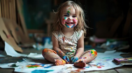 A messy but happy little girl with rainbow-colored paint on her cheeks, sitting on the floor with paper around her.