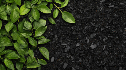 Naklejka premium Lush Green Leaves on Dark Soil Background