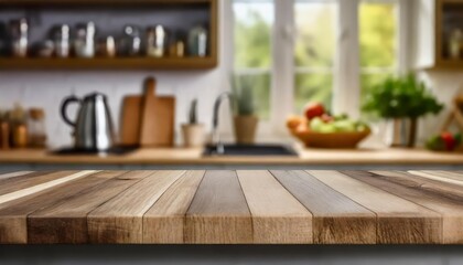 Beautiful Wooden Table Surface on a Blurred Kitchen Countertop Background: Perfect Backdrop for Food Photography, Product Displays, or Home Decor Concepts â€“ Ideal Natural Design Aesthetic