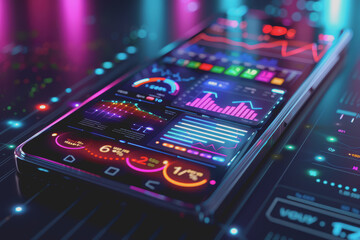 A smartphone displaying business analytics, bright colors, sharp focus, and modern technology.