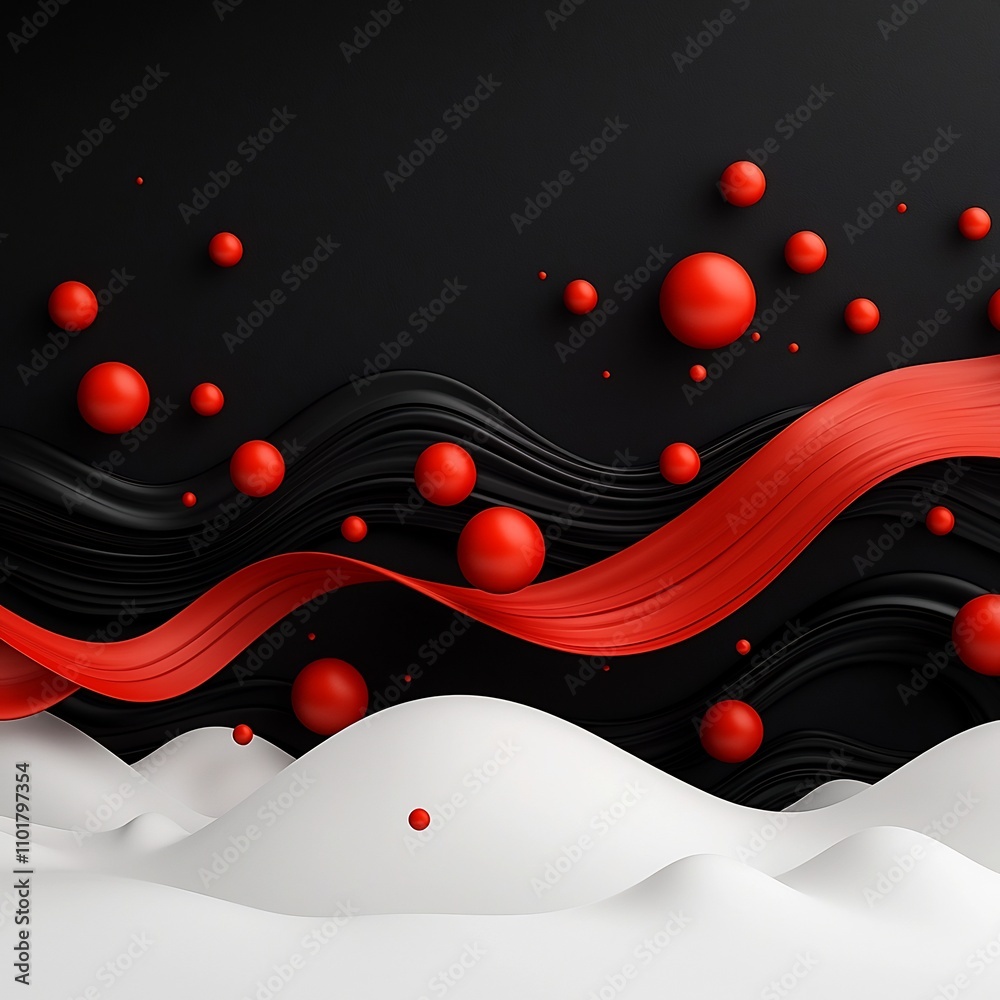 Poster ethereal and surreal digital artwork featuring a dynamic wave like pattern of floating red spheres a