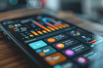 A smartphone displaying business analytics, bright colors, sharp focus, and modern technology.