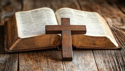 An open Bible with a handcrafted wooden cross resting on it, set on a weathered wooden surface, soft natural lighting, and intricate spiritual details