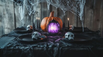 A spooky Halloween dining setup featuring a dark wooden table draped in a tattered black tablecloth. 