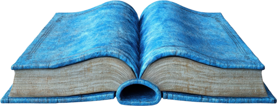 Open blue book showcasing textured pages on a transparent background for creative designs and projects
