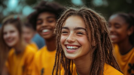 Fototapeta premium Happy girl with dreadlocks smiles broadly, surrounded by a diverse group of laughing children in yellow shirts.