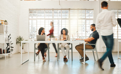Boardroom, busy and project management with business people in office for creative occupation....