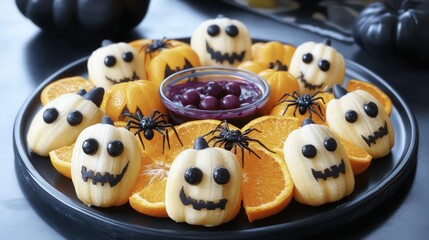 A spooky fruit mix including banana ghosts with chocolate chip eyes, grape spiders, and orange slices carved into jack-o'-lanterns, arranged in a circular pattern on a black tray. 