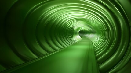 The image shows a 3D rendering of a green tunnel with a pathway leading towards a bright light at the end.A green, metallic tunnel with a smooth, gently curving pathway leads towards a bright light a
