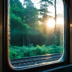Train window with outside view, evening time, sunlight, great travel tools.