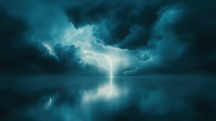 Obraz premium Dramatic storm with lightning illuminating dark clouds over a reflective body of water.