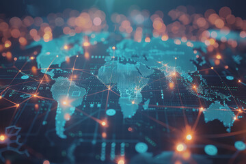 Fototapeta premium Light blue background with digital world map and global business network connections.