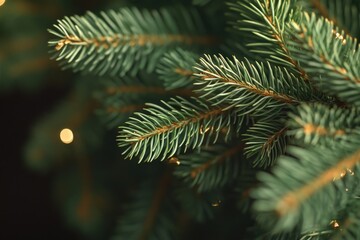 Obraz premium Close-up of a pine tree with lights shining in the background, ideal for winter or holiday-themed designs