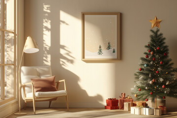 Cozy room mockup wall art with Christmas tree, present and bright light and shadows