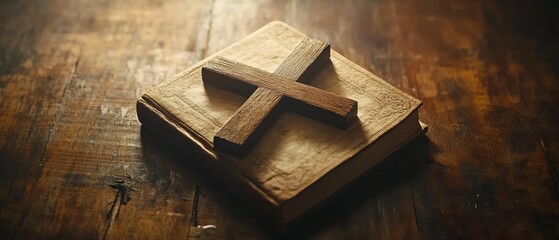A beautifully detailed wooden cross resting on an antique holy Bible against a natural wooden background, soft glow and intricate textures, symbolizing faith and devotion