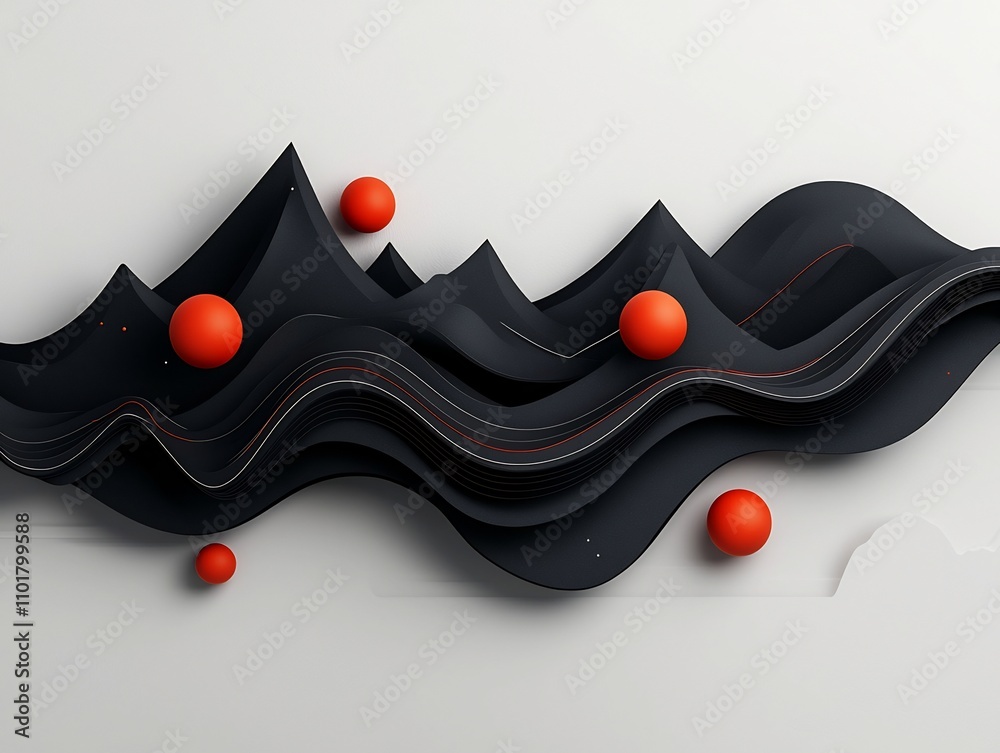 Poster enigmatic abstract scenery with a deep black and charcoal backdrop featuring undulating red spheres 