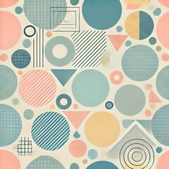 Modern design with overlapping circles, triangles and hexagons in pastel hues. Gives a soft, contemporary look.