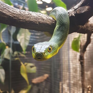 Green snake with yellow eyes hangs from a tree branch. Predatory reptile is preparing to pounce on its prey. Kufii, Latin: Trimeresurus is genus of venomous snakes in pithead subfamily of viper family