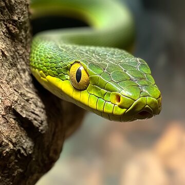 Green snake with yellow eyes hangs from a tree branch. Predatory reptile is preparing to pounce on its prey. Kufii, Latin: Trimeresurus is genus of venomous snakes in pithead subfamily of viper family