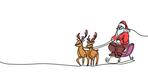 single line drawing of Santa Claus in sleigh pulled by reindeers, line art vector illustration