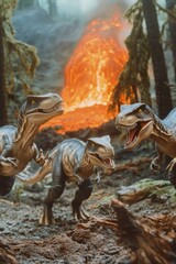 A group of toy dinosaurs set amidst a lush forest backdrop, perfect for use in children's media or educational materials