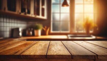 Natural wooden texture table top against a softly blurred kitchen window background, ideal for showcasing products in a cozy, home-inspired setting. Perfect for product photography.