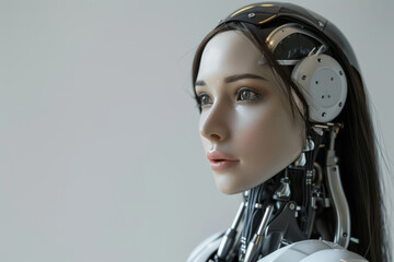 Close-up of a futuristic female humanoid robot showcasing realistic facial features, intricate cybernetic details, and advanced AI engineering
