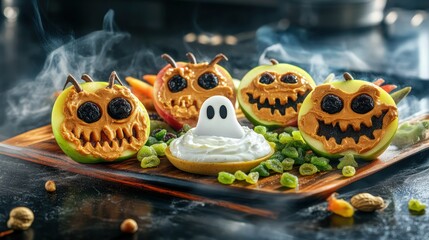 A spooky Halloween platter featuring apple slices styled as monster faces, complete with peanut butter, raisins, and green veggie chips.