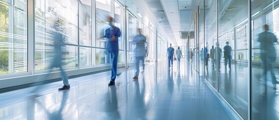 A spacious hospital corridor with glass walls, natural light streaming in, and blurred motion of medical staff in scrubs walking through. Modern healthcare design