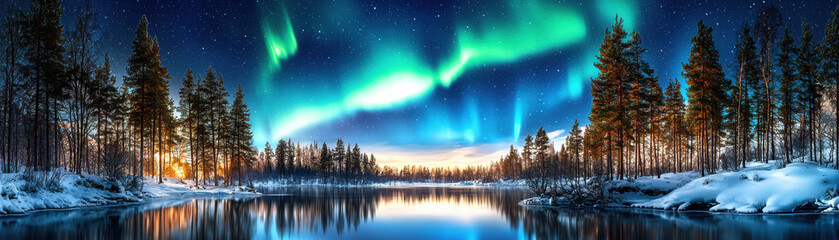 Fototapeta premium stunning winter night background showcasing northern lights reflecting over serene lake surrounded by snow covered trees. vibrant colors create magical atmosphere