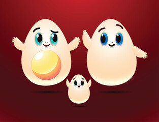 Cute Eggs Character design with vector Red Background