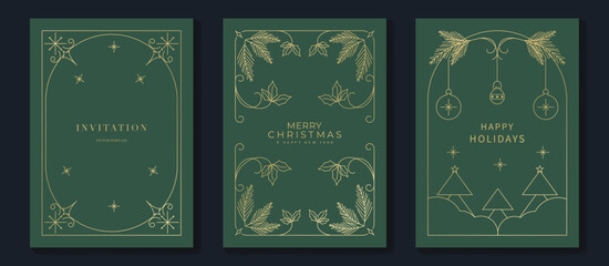 Merry Christmas and Happy New Year frame greeting card vector set. Luxury invitation with Christmas tree, bauble, holly, gift line art on green background. Design illustration for season's card, ads.