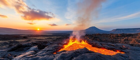 Sunset over volcanic landscape with glowing lava flow.