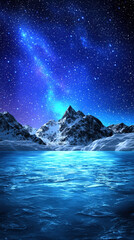 stunning winter night background showcasing starry sky, mountains, and reflective icy lake. vibrant colors create serene and magical atmosphere