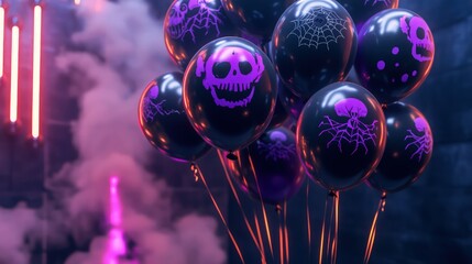 A spooky Halloween setup with black and purple balloons featuring creepy skull and spider designs. 