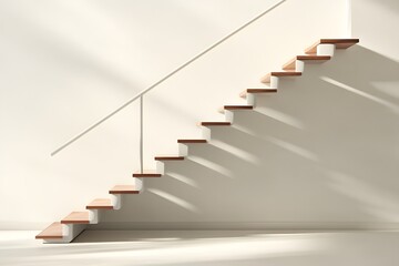 A modern staircase with wooden steps and a minimalist design against a light wall.