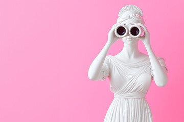  marble statue of an ancient Greek goddess holding yellow plastic binoculars with both hands, set against a vibrant pink background. Shadows cast add a modern, surreal artistic vibe.