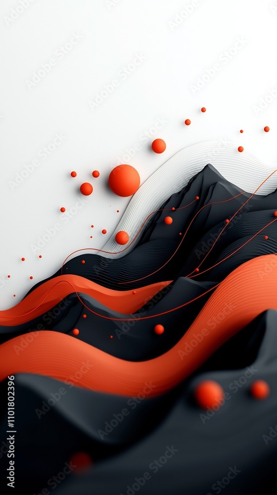 Poster Mesmerizing abstract digital landscape with a wave like pattern of vibrant red dots and lines flowing across a mountainous terrain rendered in 3D with a clean white backdrop for a striking