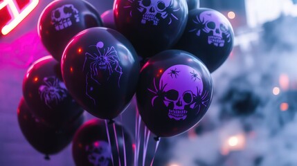 A spooky Halloween setup with black and purple balloons featuring creepy skull and spider designs. 