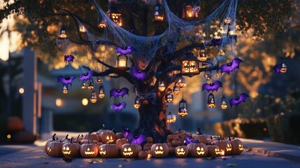 A spooky Halloween street tree with spider webs draped over its branches, decorated with glowing purple bats and small lanterns shaped like skulls. 
