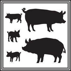 A collection of pigs and baby pigs silhouette.