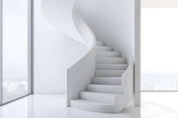 Obraz premium A modern, minimalist spiral staircase in a bright, open space with large windows.
